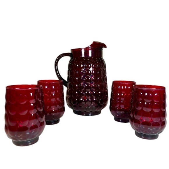 Vintage Anchor Hocking Royal Ruby Red Bubble Glass Pitcher & Tumblers - Picture 1 of 5